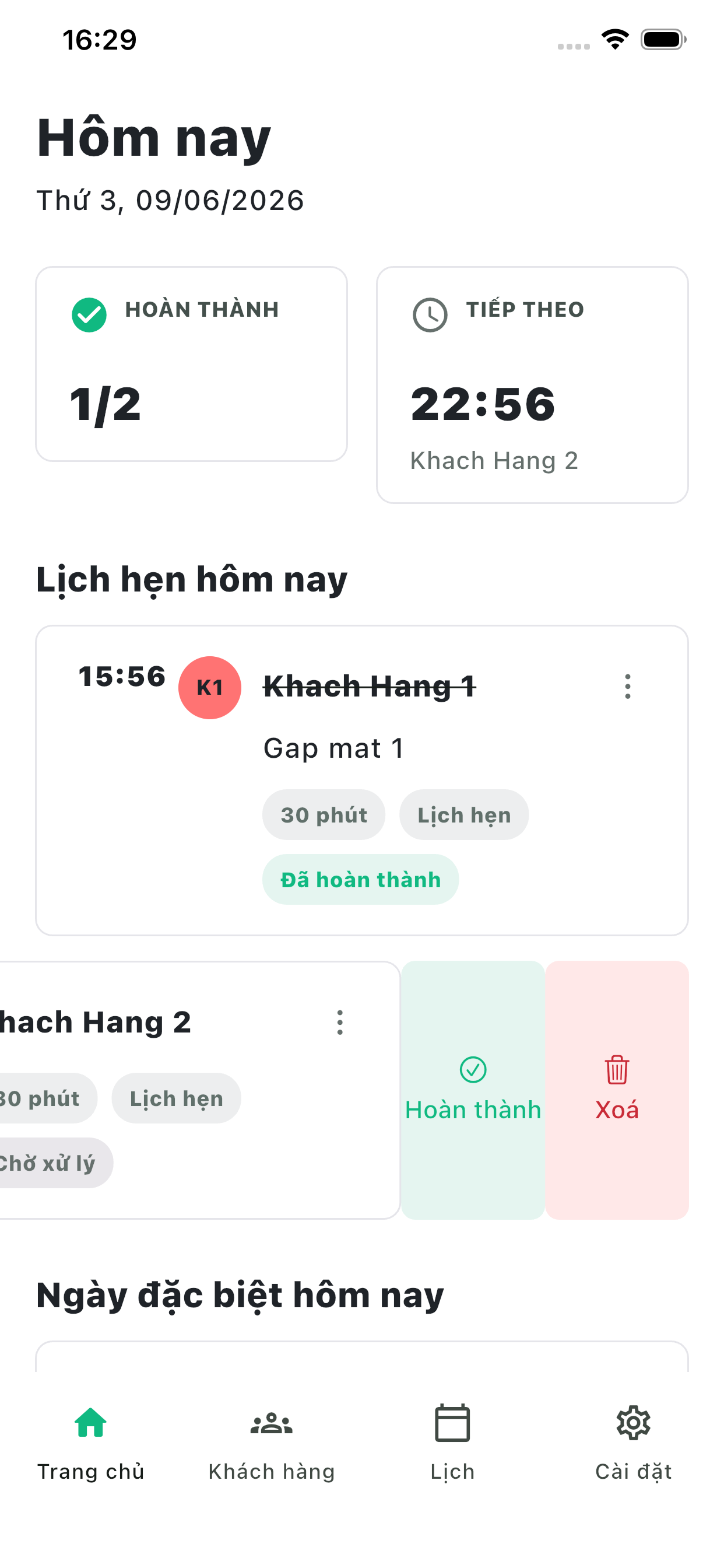 Màn hình hôm nay của ứng dụng CareFlow với lịch hẹn, trạng thái hoàn thành và thao tác nhanh