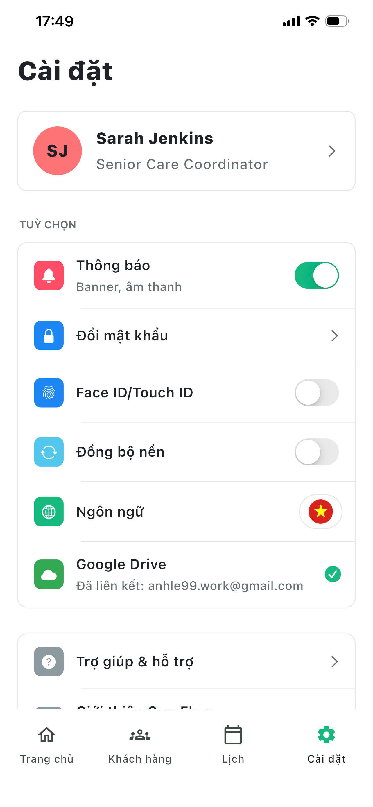 Màn hình Cài đặt của CareFlow với tab Cài đặt đang được chọn
